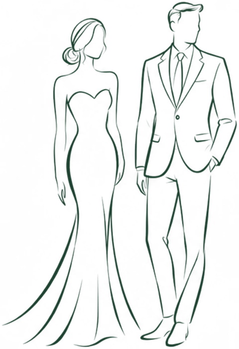 Ilustração de um casal em traje social completo: ela de vestido longo, ele de terno e gravata
